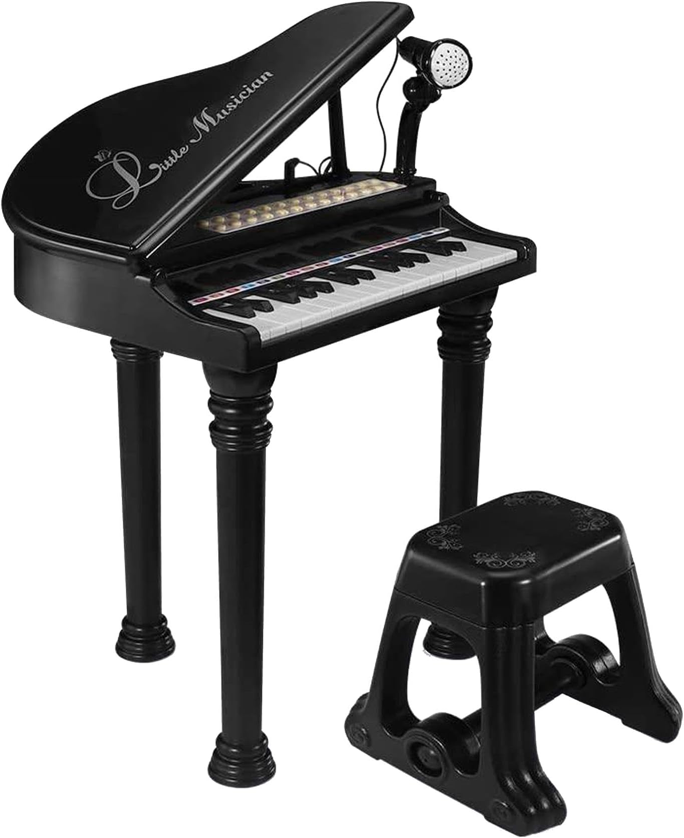 The Magic Toy Shop Black Piano Keyboard for Kids with Stool & Microphone โ 31 Keys, LED Lights, Playback, 22 Demo Songs โ Small Electric Grand Piano โ Musical Instruments for Girls & Boys