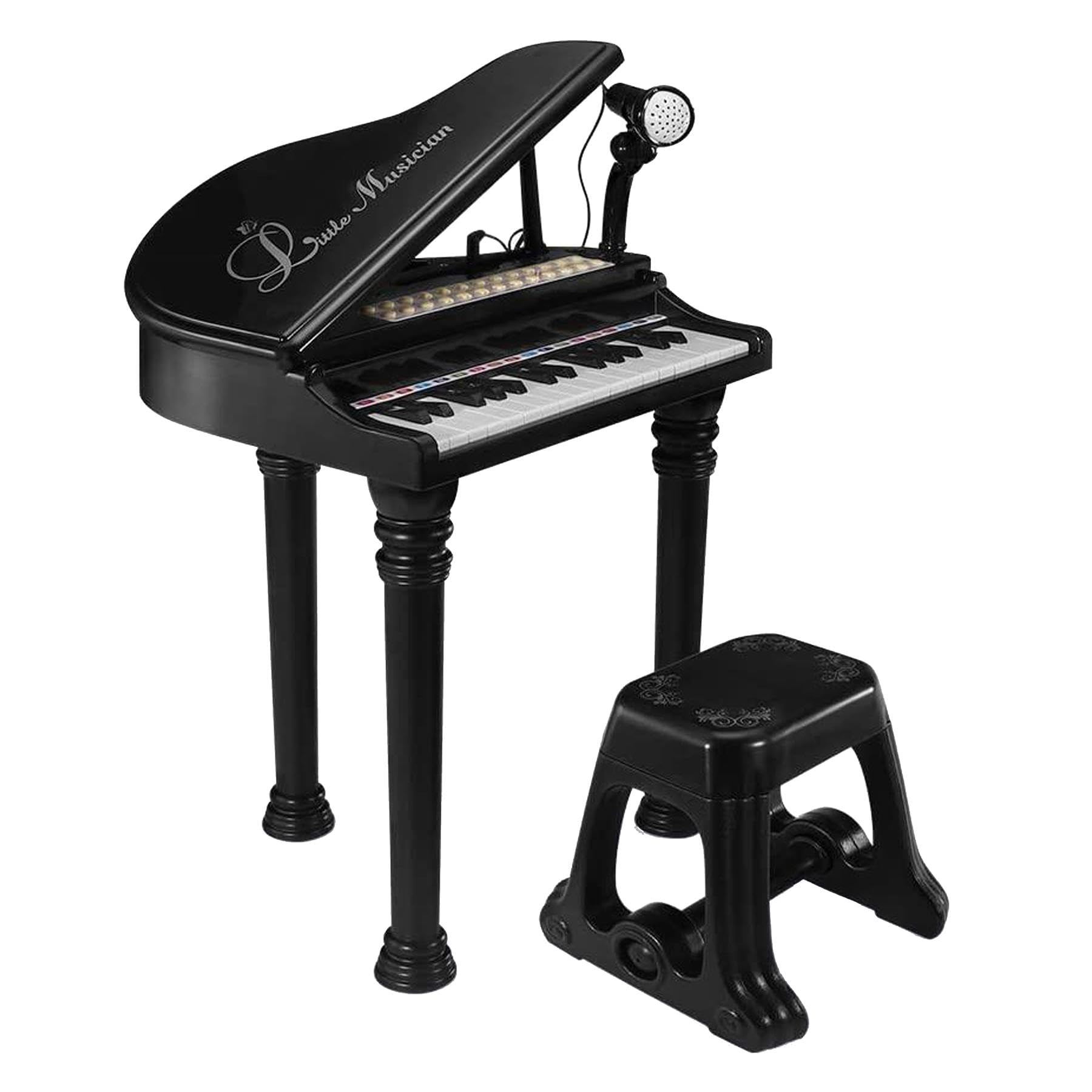 The Magic Toy Shop Black Piano Keyboard for Kids with Stool & Microphone – 31 Keys, LED Lights, Playback, 22 Demo Songs – Small Electric Grand Piano – Musical Instruments for Girls & Boys