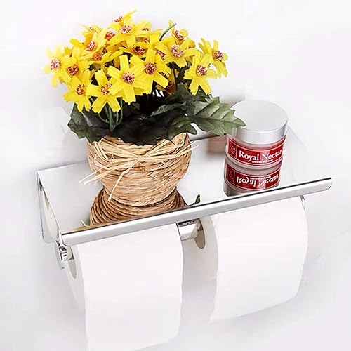 Miniatura 9 de GULICA Soporte para rollo de papel higiénico con estante para teléfono, soporte de papel de acero inoxidable, papel higiénico doble montado en la