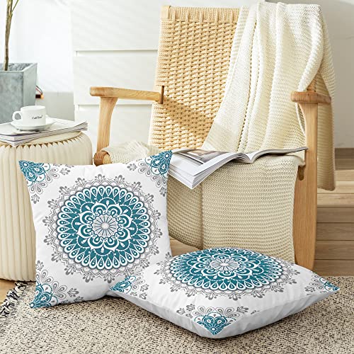 Calitime Throw Pillow Covers Pack Of 2 Cozy Fleece Dahlia Floral Medallion Compass Mandala Style Cushion Cases For Couch Bed Sofa Farmhouse Decoration 18 X 18 Inches Teal Grey #TOP4