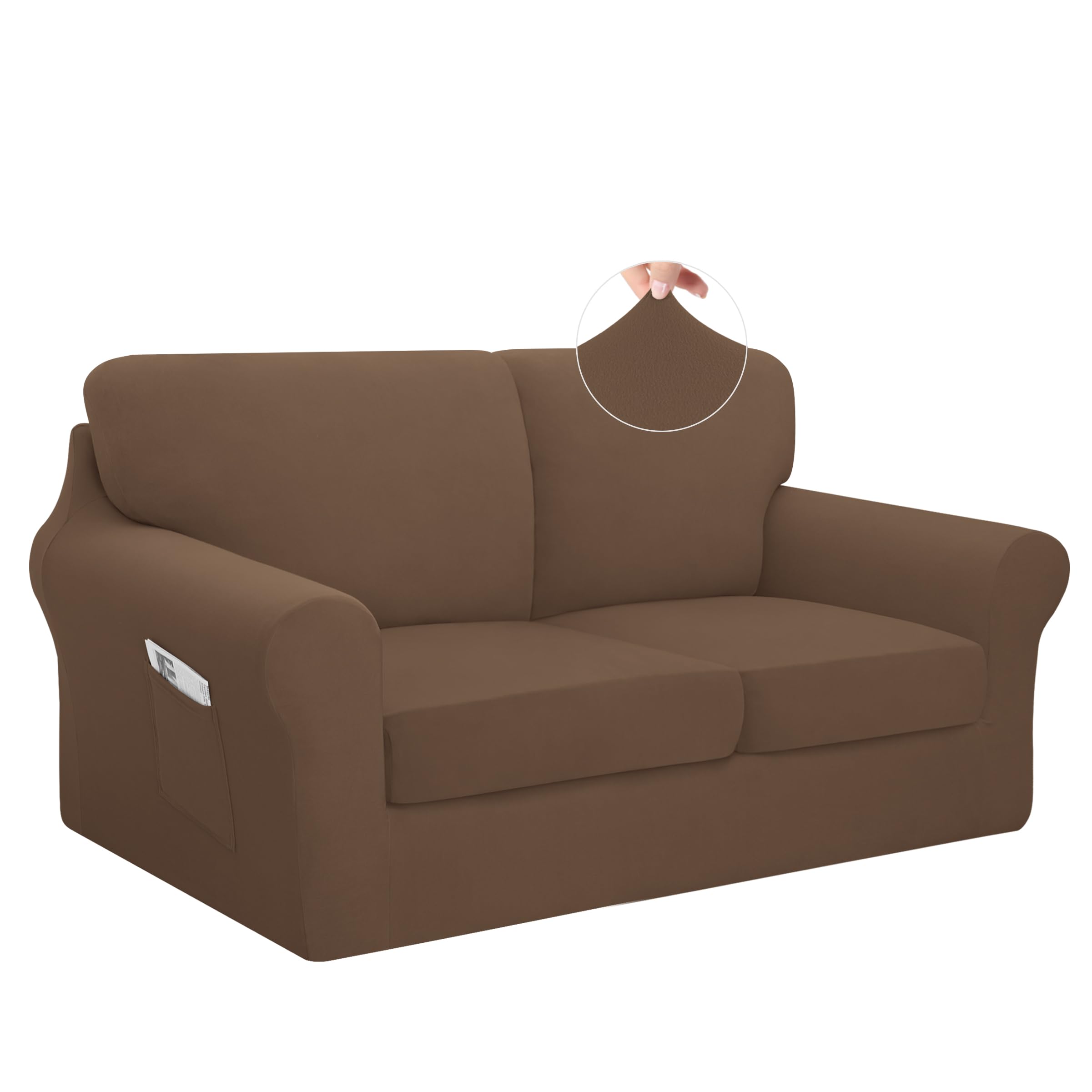 Easy-Going 5 Pieces Stretch Loveseat Cover Washable Loveseat Slipcover Set for 2 Backrest and Seat Cushion Couch Anti-Slip Sofa Couch Cover Furniture Protector with Elastic Bottom (Medium, Brown)