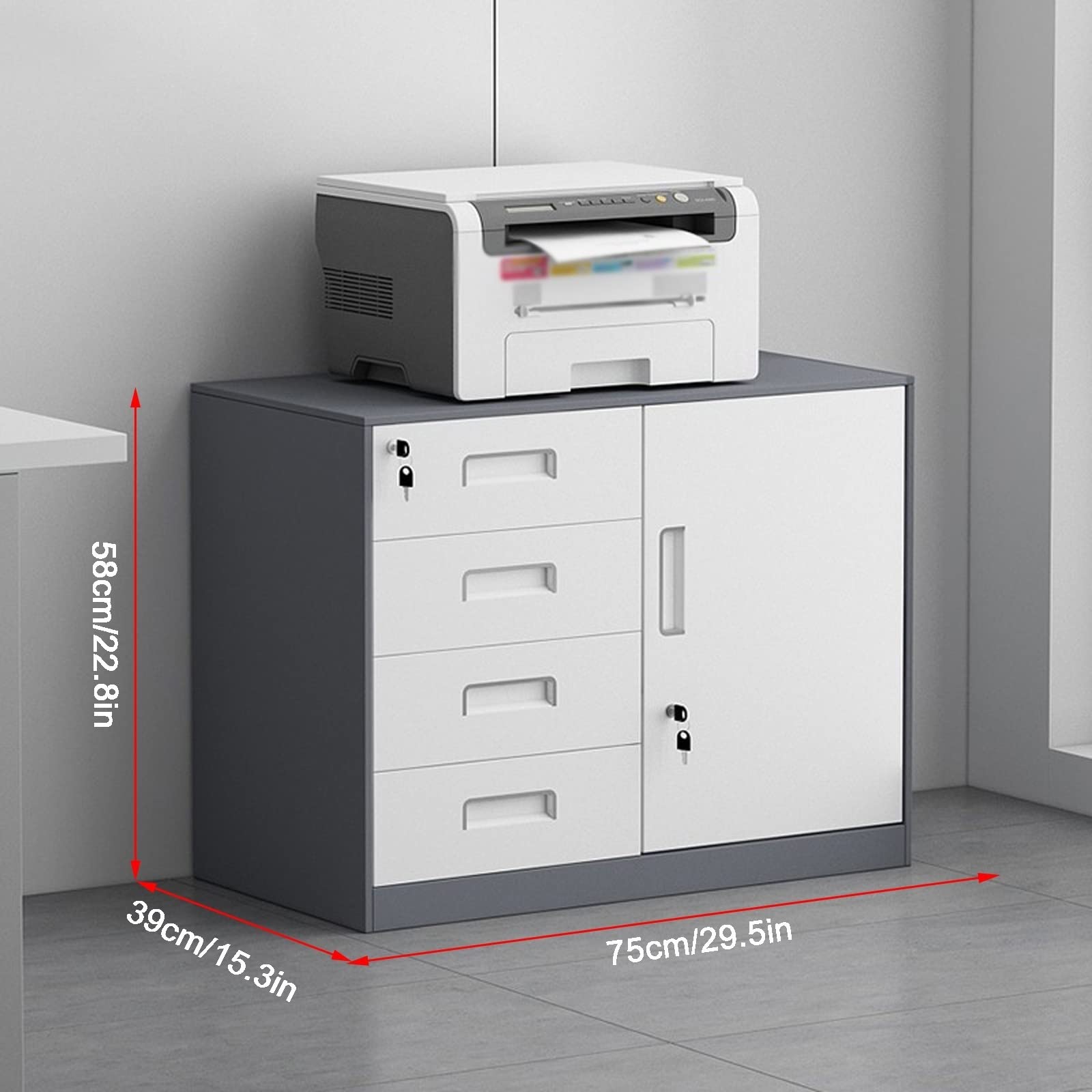 Aktenschrank mit 4 Schubladen und Schloss, komplett montierter vertikaler Aktenschrank, Druckerschrank aus Stahl(Grey Ordinary Style)