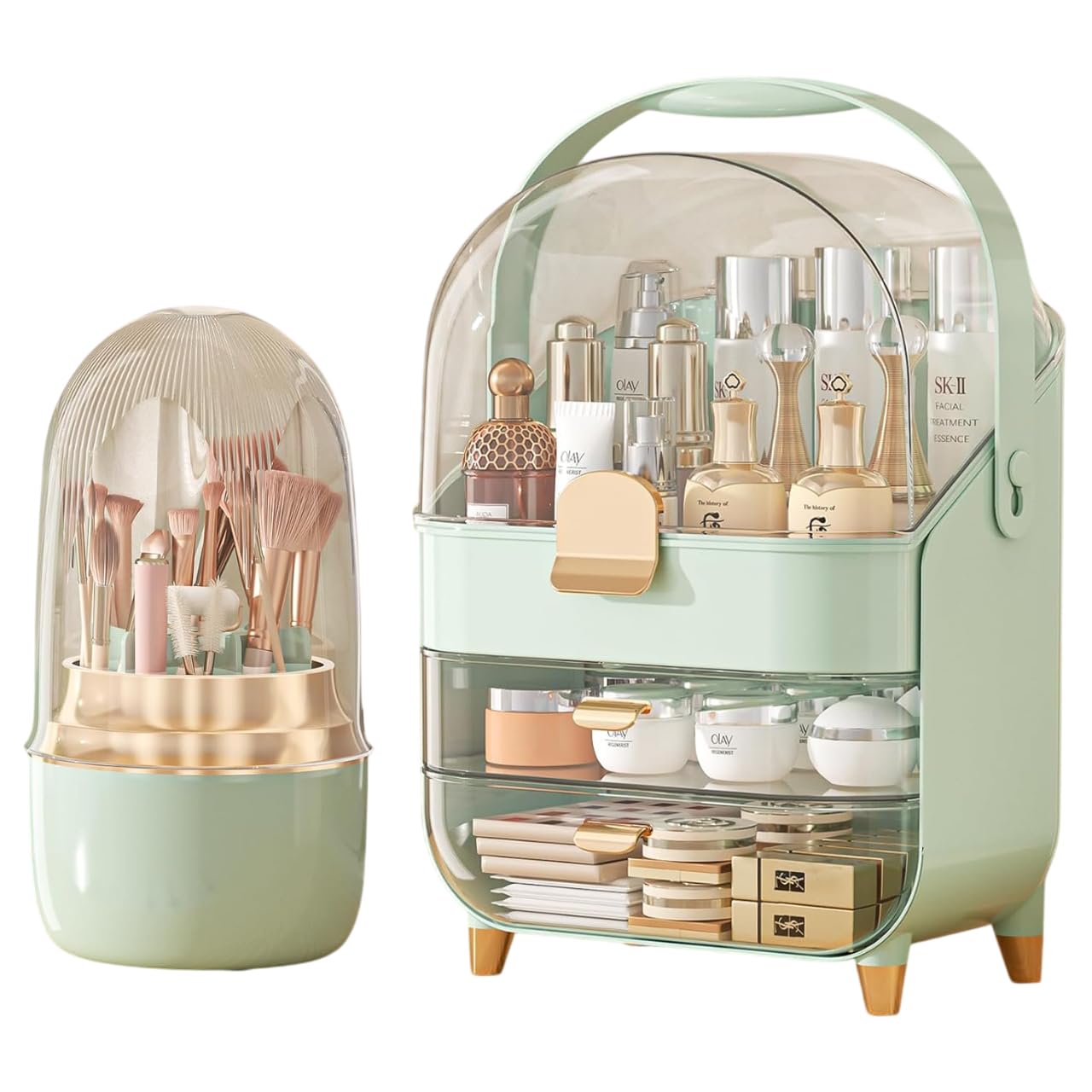 RYDR Multi-Purpose Makeup Organiser Case with Rotating Brush Holder - Dustproof Cosmetic Storage Box for Skincare Products, Jewellery, Perfumes, Lipstick for Bedroom Bathroom Countertop (Green/Gold)