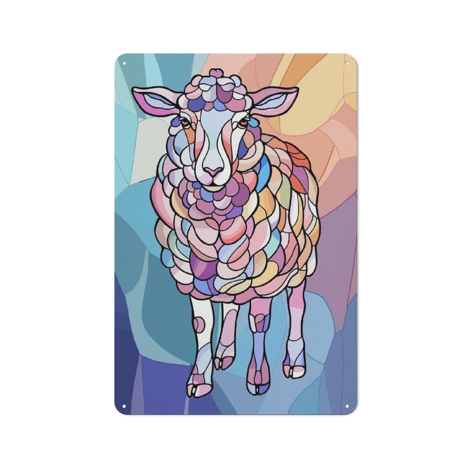Colorful Stained Glass Sheep Rustic Metal Plaque 30x20cm for Living Room Or Hallway, for Garage, Workshop And Man Cave Decoration