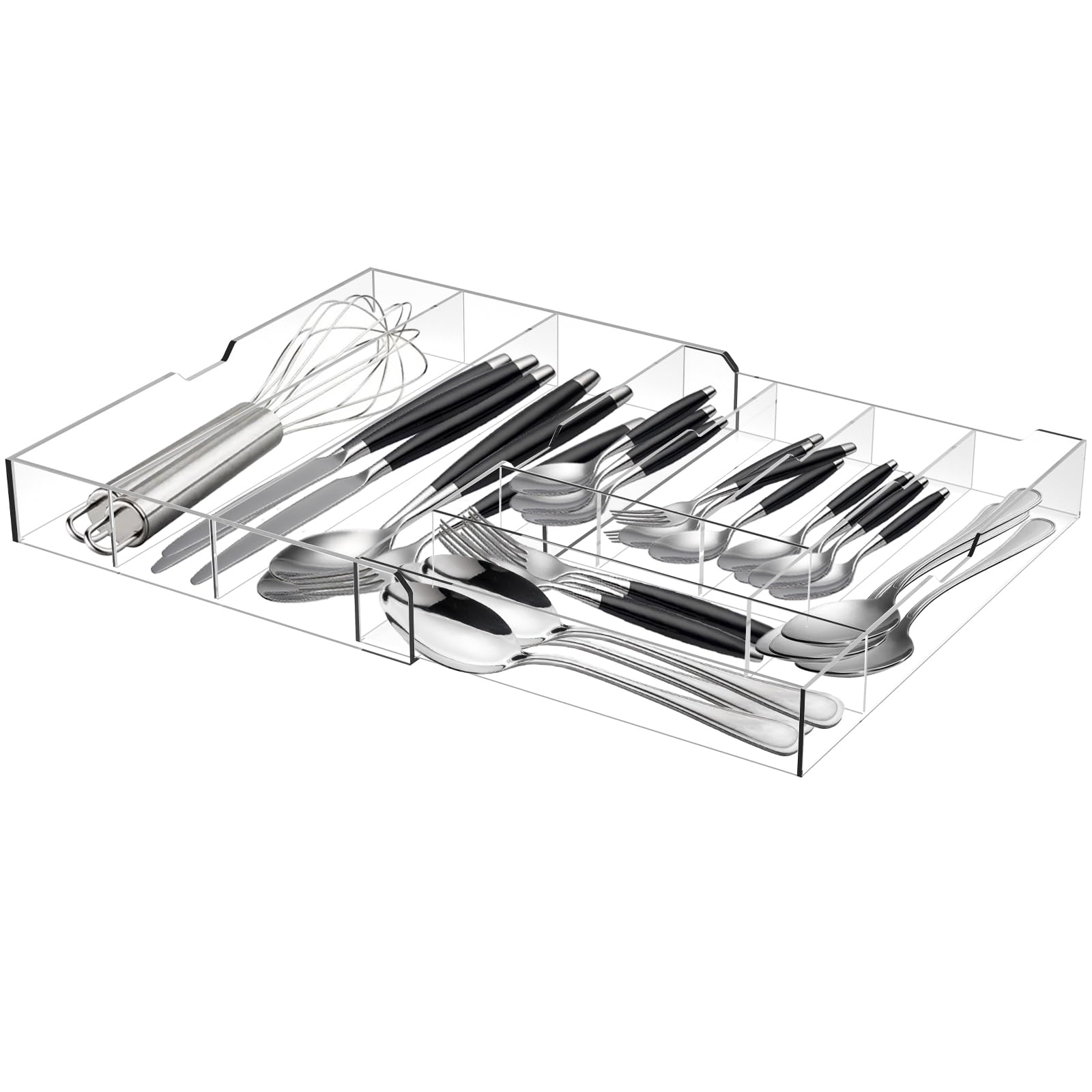 Fasmov Expandable Plastic In-Drawer Utensil Organizer Tray, Acrylic Adjustable Cutlery and Flatware Tray, Silverware Organizer Kitchen Drawer Organizer for Flatware and Utensils -9 Compartments