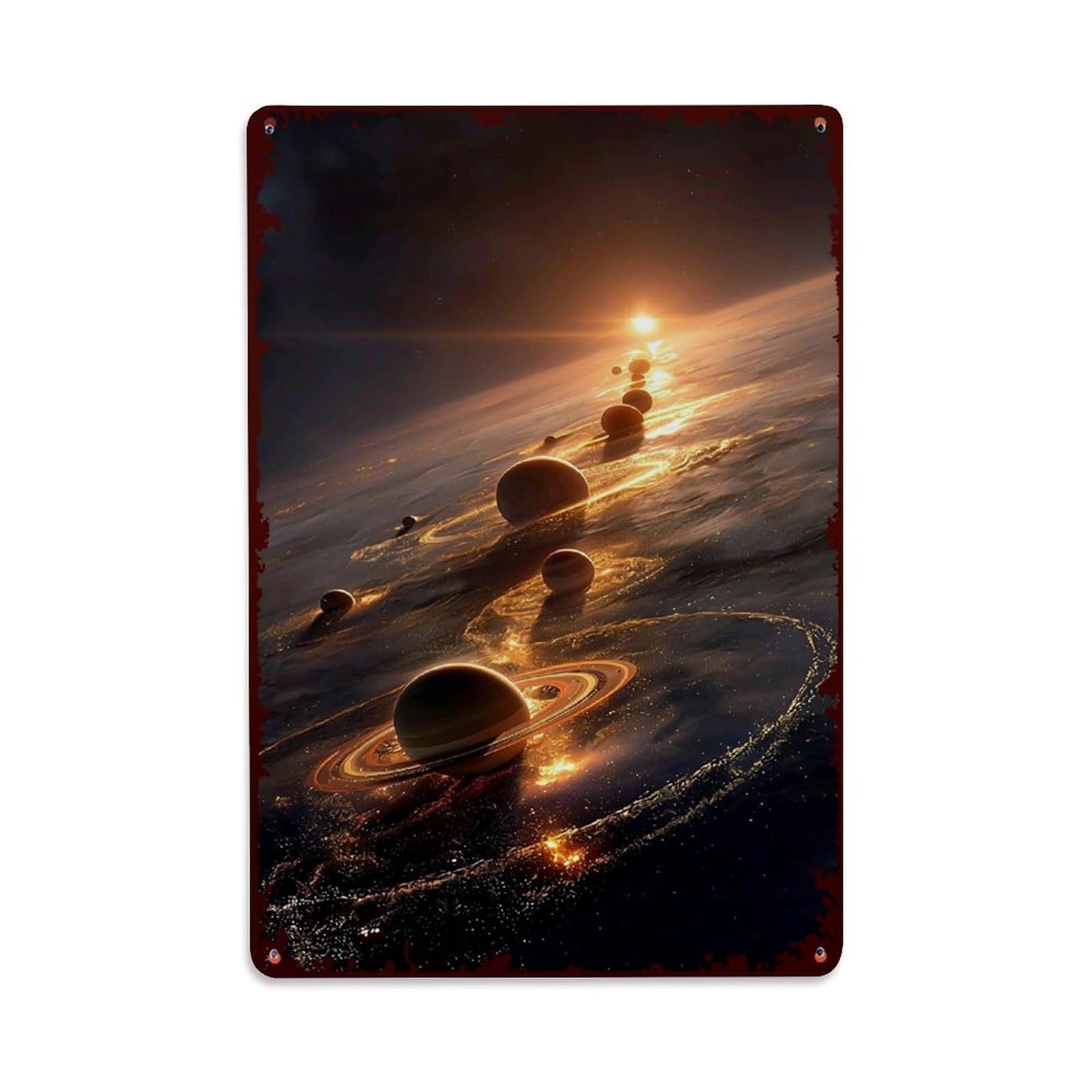 Jdfenggu Vintage Cosmic Planets Alignment Sunset Glow Retro Metal Tin Sign, Decor Art Poster For Bar, Home, Man Cave, Kitchen, Laundry Room Gift 8X12inch
