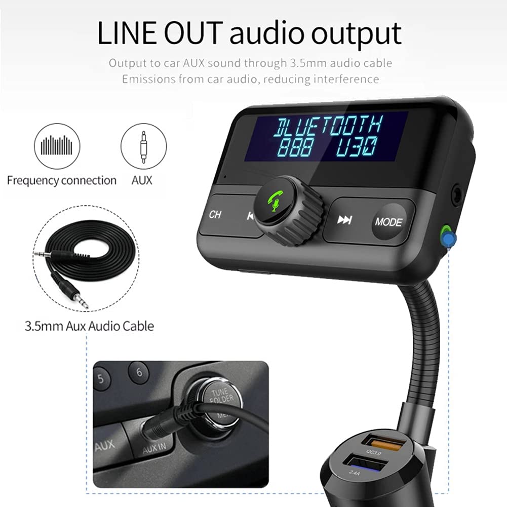 Bluetooth Auto FM Trasmettitore Audio Adapter Ricevitore Wireless Vivavoce Voltmeter Kit Auto QC3.0 e Smart 2.4A Porte USB, Uscita AUX, Player TF Card MP3