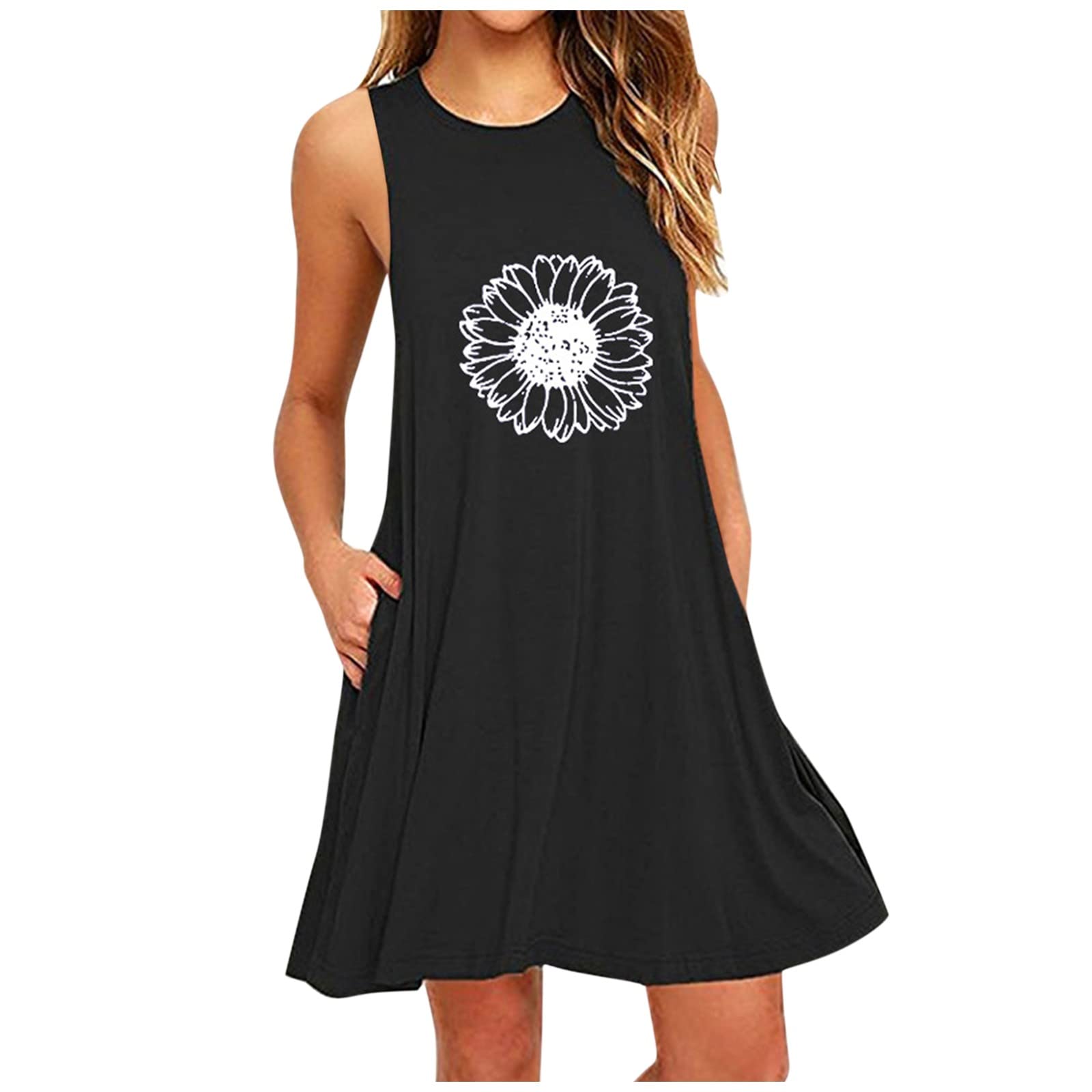 Summer Dresses for Women 2023 Casual Sunflower Graphic Long Dress Crew Neck Sleeveless Baggy Sun Dresses with Pockets