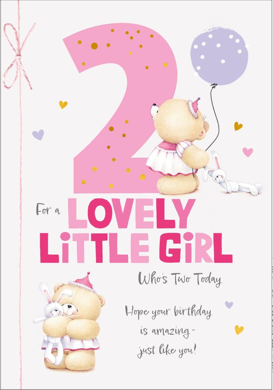 2nd Birthday Card for Girls, Pink Teddy Bear Design, 'Lovely Little Girl' Message