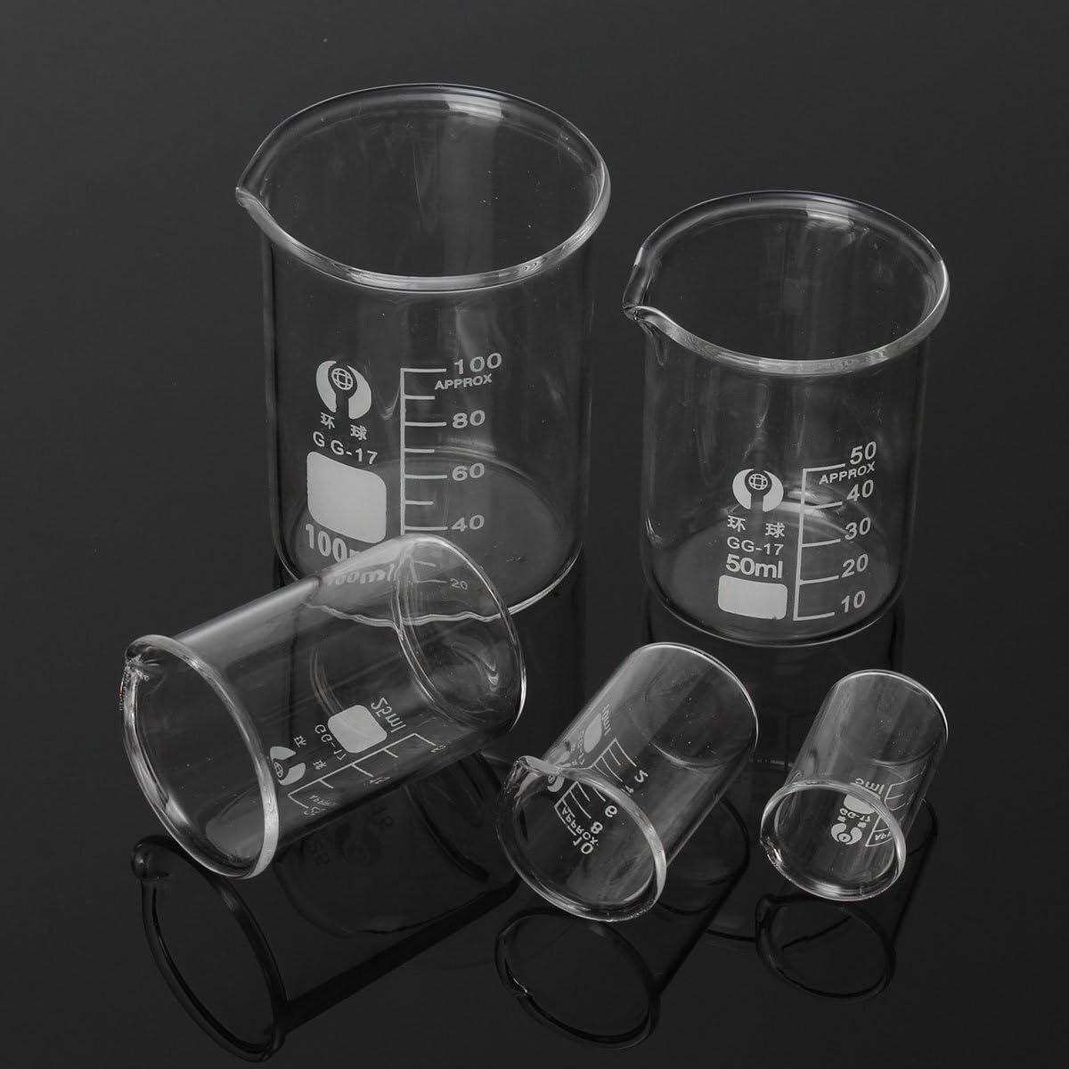 Set di Becher in Vetro Borosilicato Graduato, 5ml 10ml 25ml 50ml 100ml, Resistente al Calore per Laboratorio