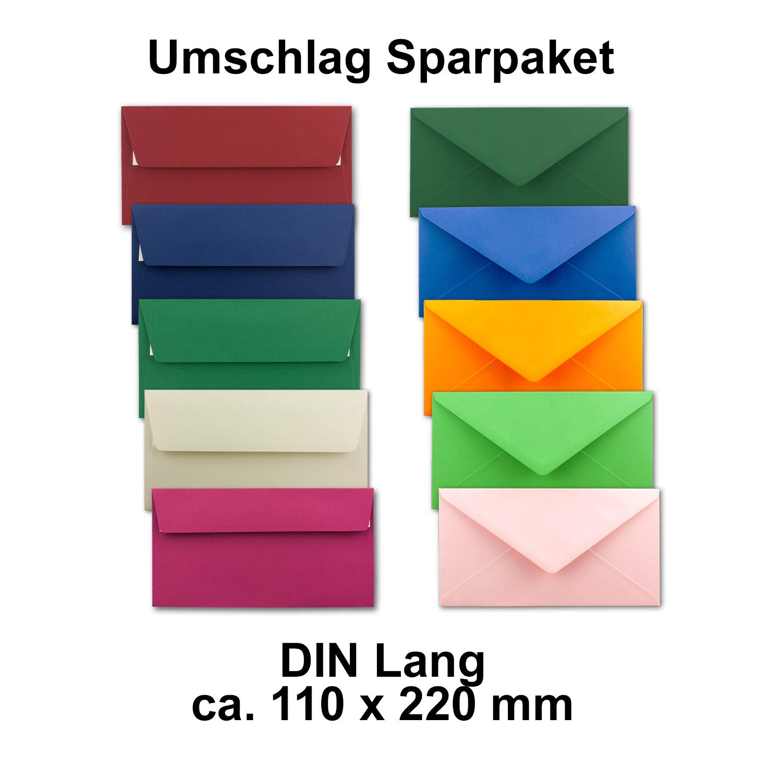 250x farbige Brief-Umschläge gemischt - DIN Lang - 110 x 220 mm - bunte Mischung - Haftklebung/Nassklebung - Mit und Ohne Futter - GUSTAV NEUSER