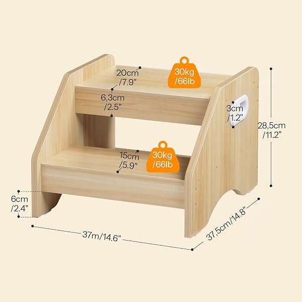 HOOBRO Scaletta a 2 Gradini Bambini, Sgabello Bambini con Maniglie e Tappetini Antiscivolo, Scaletta Bambini in Legno per 3-8 Anni, Portata 30 kg, per Cameretta, Soggiorno, Legno Naturale ENL28JD01 - 3