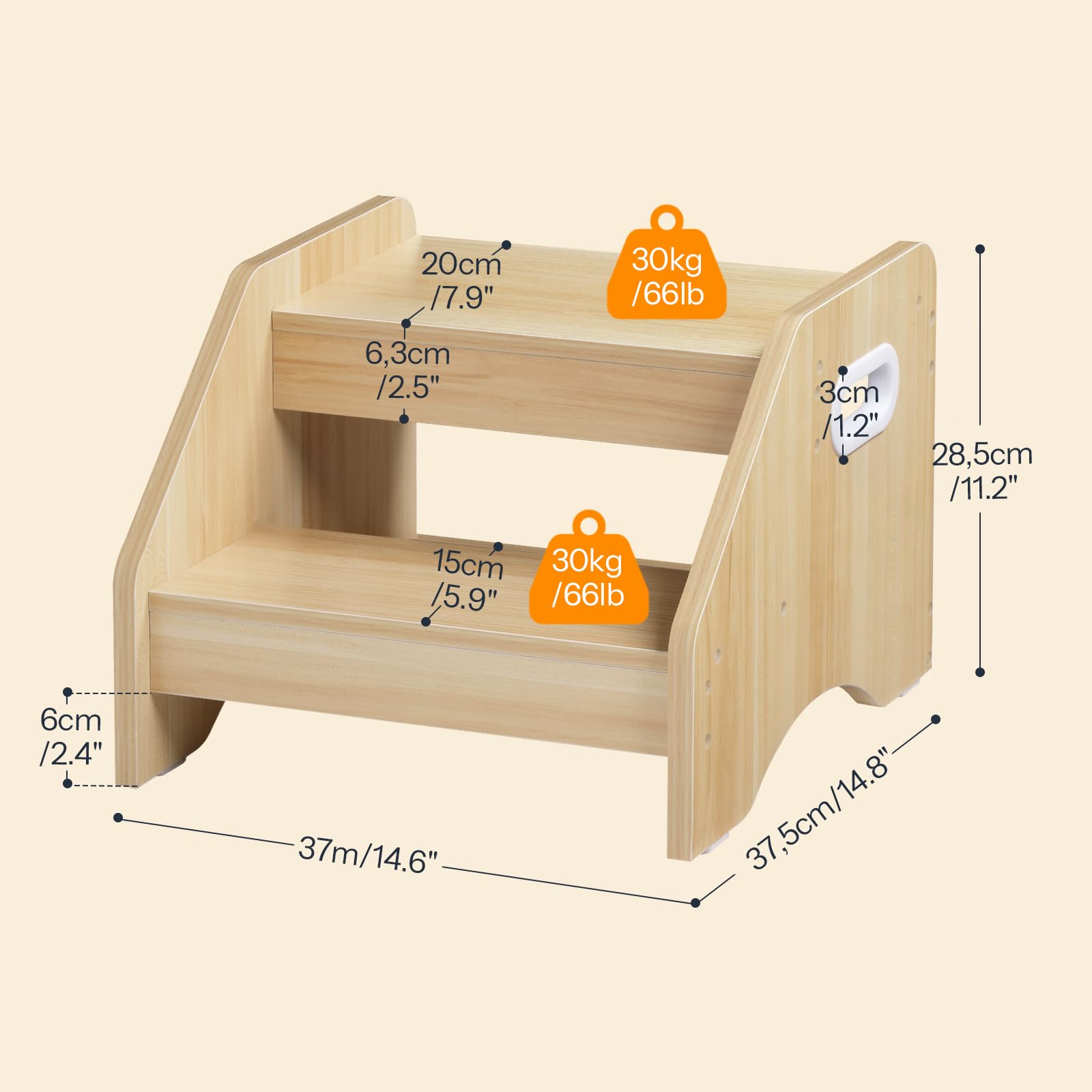 HOOBRO Scaletta a 2 Gradini Bambini, Sgabello Bambini con Maniglie e Tappetini Antiscivolo, Scaletta Bambini in Legno per 3-8 Anni, Portata 30 kg, per Cameretta, Soggiorno, Legno Naturale ENL28JD01 - 4