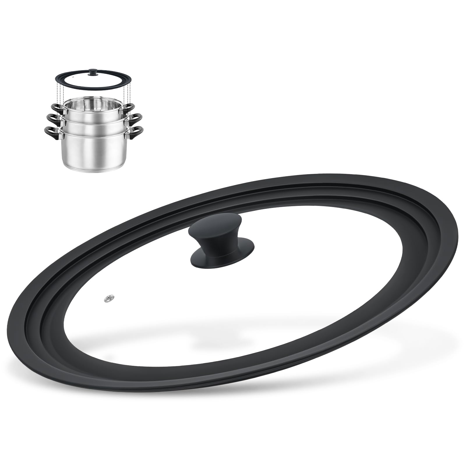 13-14-15 in Universal Lid for Oversized Pots, Pans and Skillets, Extra Large Pot Lid Tempered Glass Lid with Heat-Resistant Silicone Edge, Cookware Lids, Replacement Frying Pan Cover