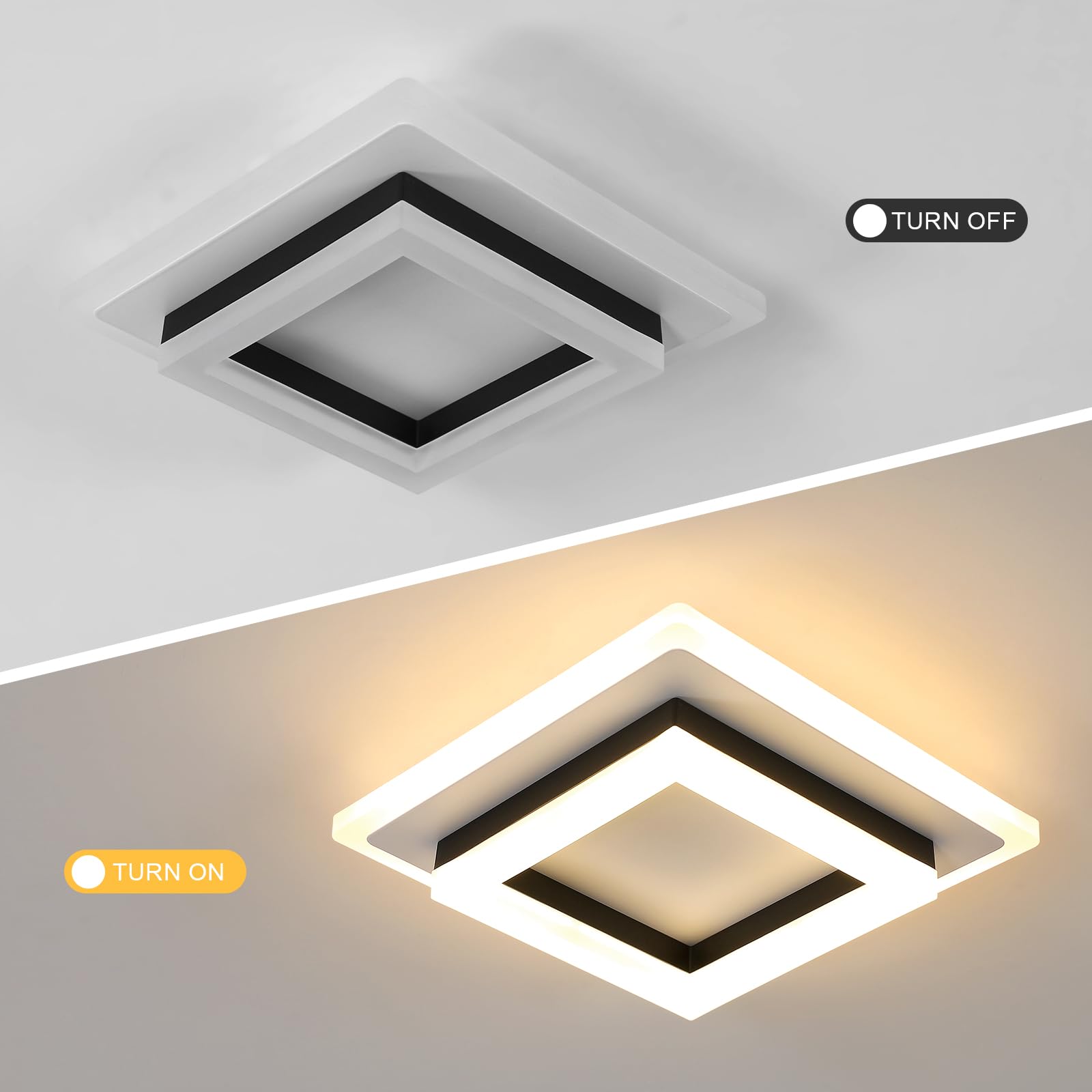 Plafon LED Techo, 24W 2700LM Moderna Cuadrada Plafón Luz Led, Lámpara de Techo Acrílico Negro para Salón Dormitorio Cocina Pasillo Oficina, Blanco Cálido 3000K, 20CM