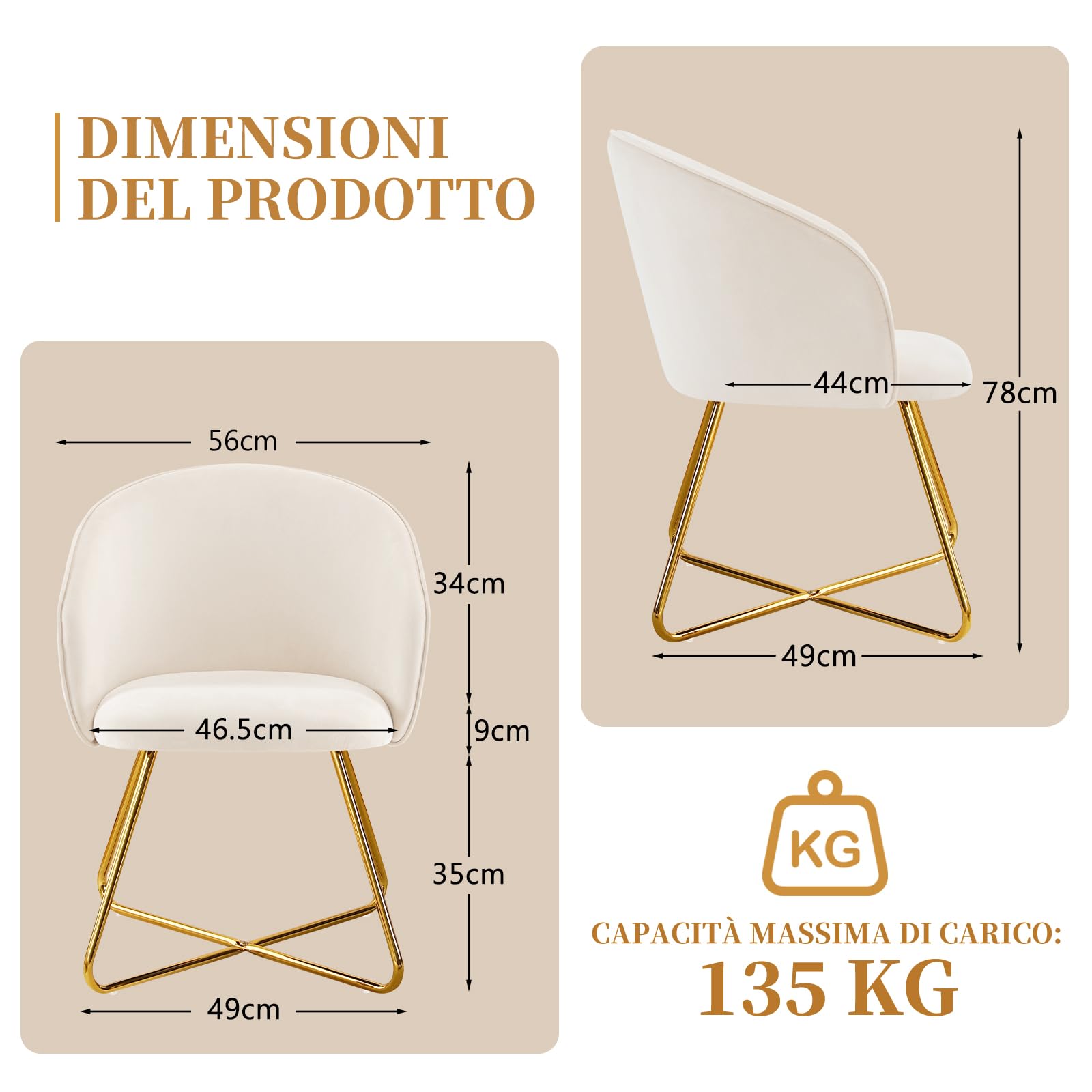 Hellove Sedia Toeletta Trucco con Gambe in Gold Metallo,Moderne Velluto Poltrona Camera da Letto, Poltroncina,Poltroncine Imbottite,Sedia Laterale per Camera da Letto/Soggiorno/Vanità,Beige