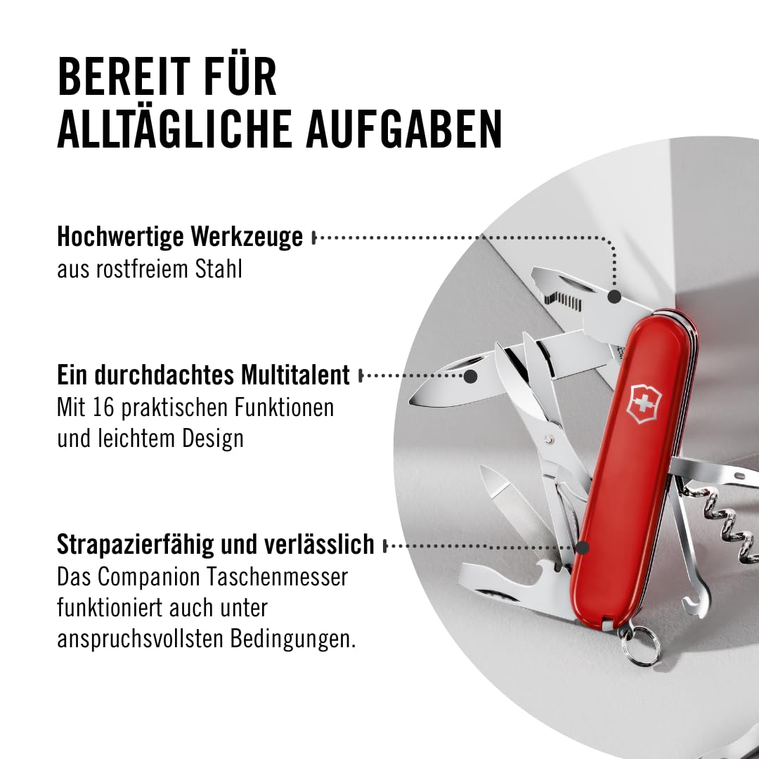 Victorinox Taschenmesser Companion, 16 Funktionen, Multitool, Taschenwerkzeug, Inkl. Schere, Schraubendreher, Kugelschreiber, Swiss Made, Rot | Schweizer Armeemesser | Mittleres Schweizer Taschenmesser | kleines Taschenmesser für Herren | Alltag