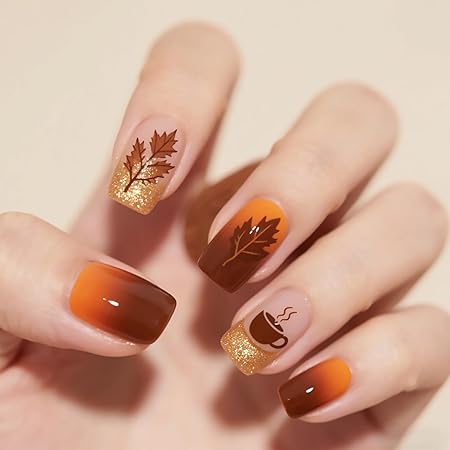 Medium Square Fake Nails with Glitter Designs