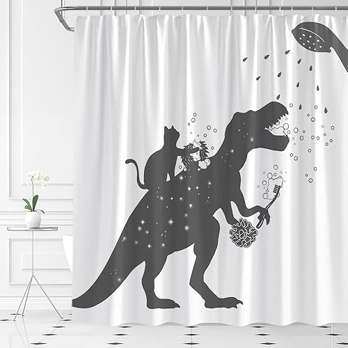 Divertida cortina de ducha de dinosaurio, silueta de gato, erizo fresco, juego de decoración de baño de tela con ganchos (70 pulgadas de ancho x 70