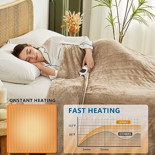 JKMAX Electric Heated Blanket - 10 Heating Levels, Auto Off, Ultra Soft Overheat Protection, Queen Size 84" x 90", Beige