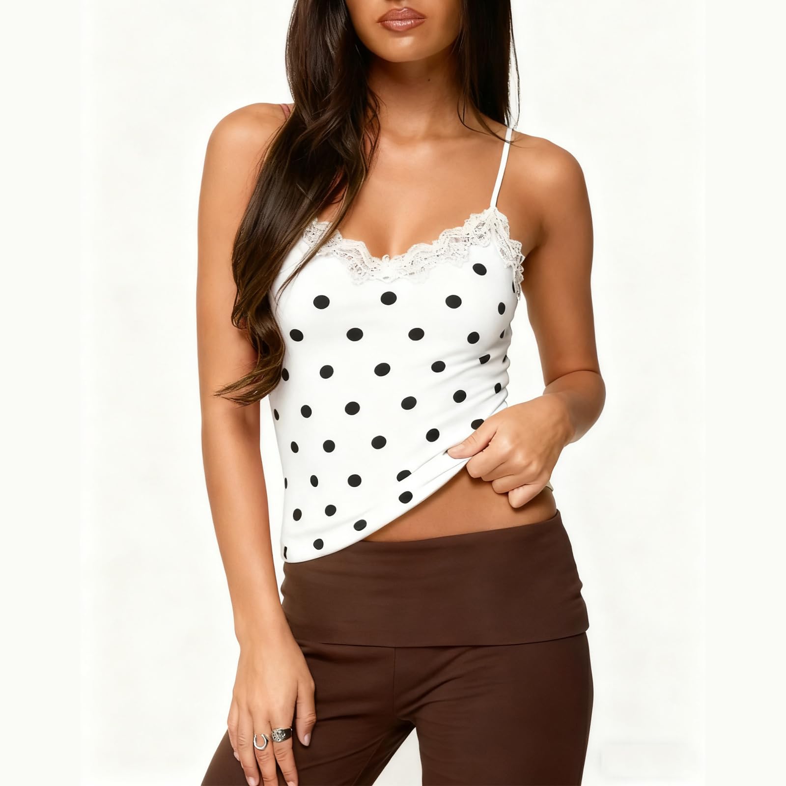 Sexy Outfit Top da Donna Y2K a Pois in Pizzo con Canotta e Scollo a V, Cinturino per Spaghetti, Aderente, Corto, Canotta, Casual Estivo, per Uscire