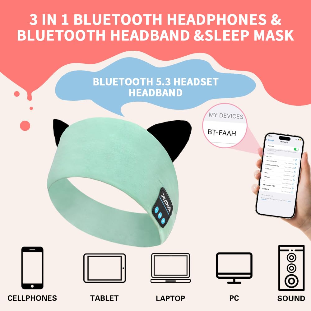 Joythink Cuffie Bluetooth per Bambini, Maschera per Dormire con Auricolari Wireless, Fascia Morbida con Altoparlanti Sottili, Cuffie per Viaggio, Aereo, Sonno, Tablet, Bambini e Bambine Acqua