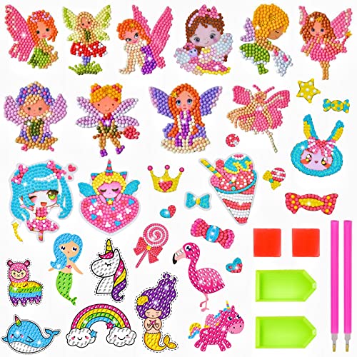 BOUTIKS 32 Piezas 5D Diamond Painting Pegatinas Kits para Niños, DIY Hada y Princesa Pintura de Diamantes Arte Mosaico Pegatinas