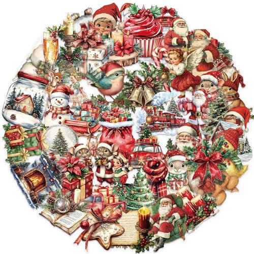Vintage Christmas Stickers 50PCS Transparent PET Santa Claus Snowman Sticker Pack for Kids Teens Waterproof Holiday Stickers Decals for Scrapbook Laptop Phone Water Bottle Christmas Gifts for Kids
