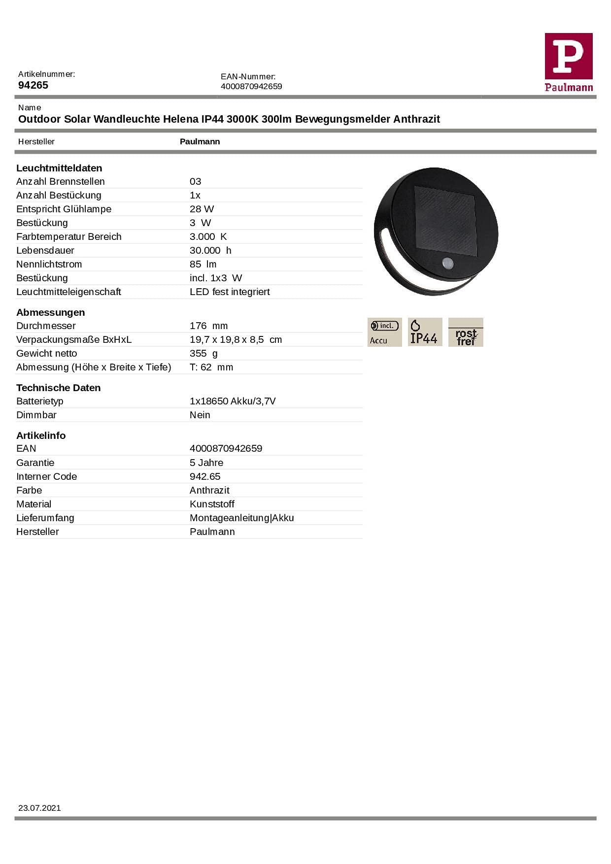 Paulmann 94265 Solarna oprawa naścienna LED Helena okrągłą w kompl. 1x3 W ośw. zewnętrzne antracyt ośw. ogrodu tw. szt. ściana zewn. 3000 K