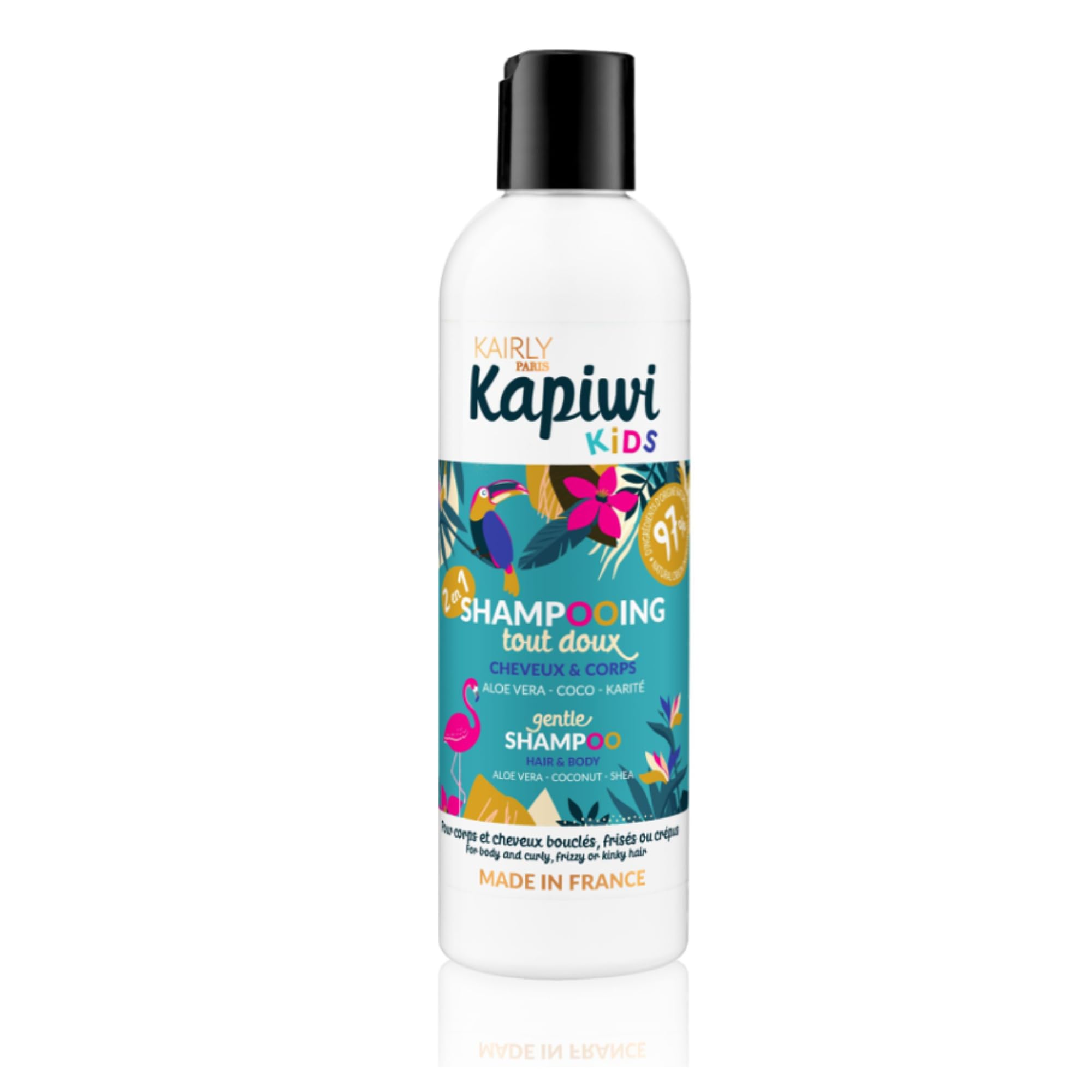 KAIRLY - Shampooing Tout Doux 2-en-1 KAPIWI Kids - Cheveux Bouclés & Corps - Nettoie, Hydrate & Aide au Démêlage - 97% Naturel - Aloe Vera, Coco & Karité (240 ml)