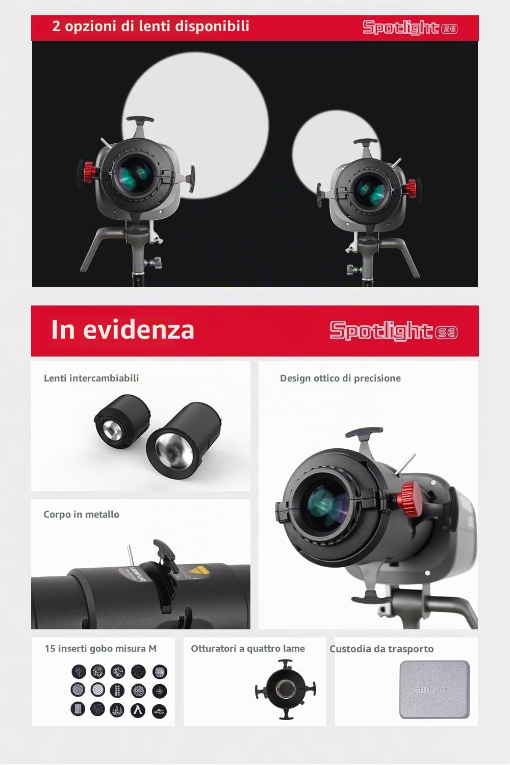 Aputure Amaran Spotlight SE 19° - Set di lenti di proiezione di precisione per Amaran 300c, 150c, 200x S, LS 300x, compatibile con Bowens Mount luce spot fino a 300W