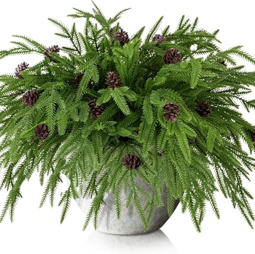 Watayo Lot de 10 Branches de pin de Noël avec Pommes de pin – 48,3 cm de Longueur Extra Longues – Branches de pin artificielles de Noël pour Bricolage, Artisanat, Guirlande, décoration d'intérieur