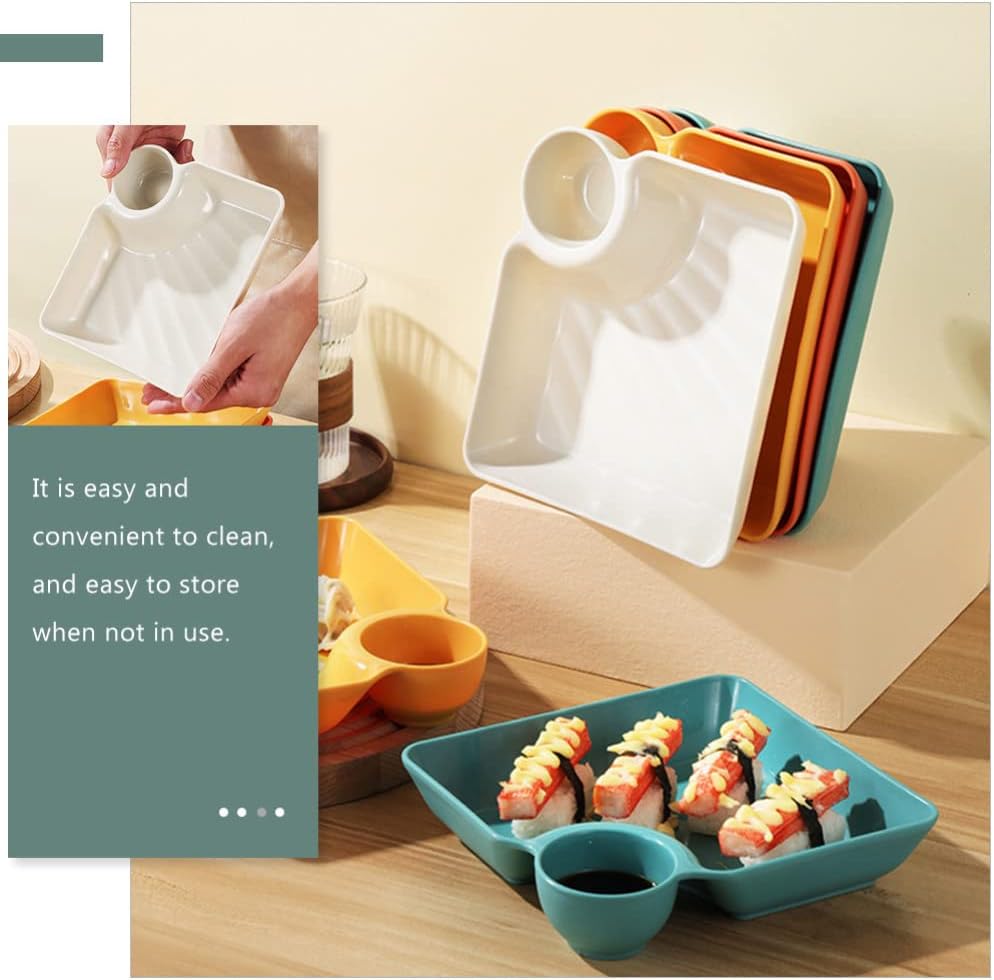 Kichvoe 4-Piece Dumpling Plate Set with Sauce Dish Plastic Sushi Plates for Snack Serving Multi-Function Food Trays for Noodles Appetizers Easy to Clean and Store