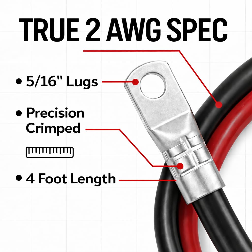 567ITG Premium 2 AWG Battery Cable Kit 5/16” Pre-Crimped Lugs 4 ft 2 Gauge Wire Heavy Duty OFC Copper 2GA Battery Cables Trucks Golf Cart Electric Car Charger Audio Marine Solar Power Inverter Use