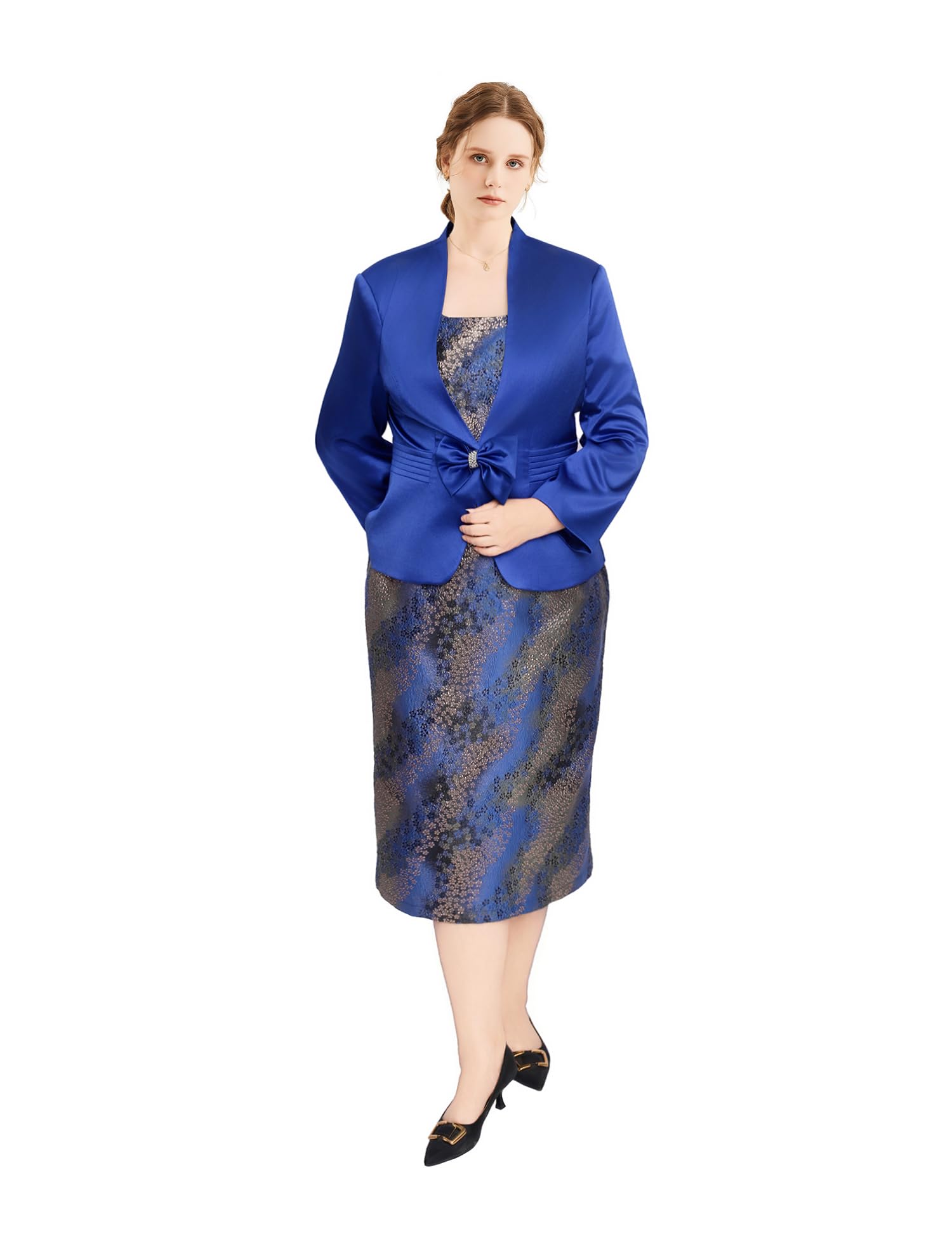 Geenlinm FASHlON Womens Dress Church Suits 2 Piece Jacquard Dress Bow Button Jacket Set Brocade Elegance Outfits Plus