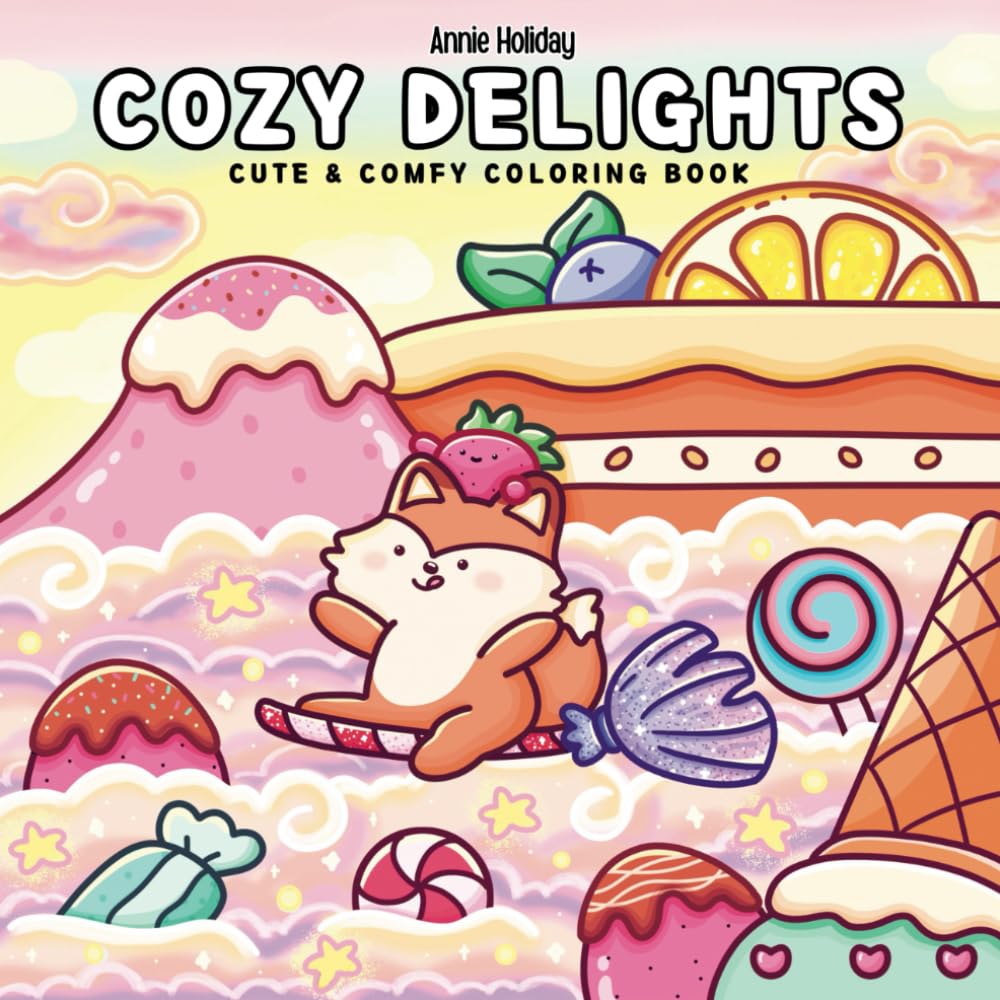 Cozy Delights Coloring Book: Cute and Comfy Coloring Book Featuring Cute Animals, Fruits and Vegetables For Adults and Teens