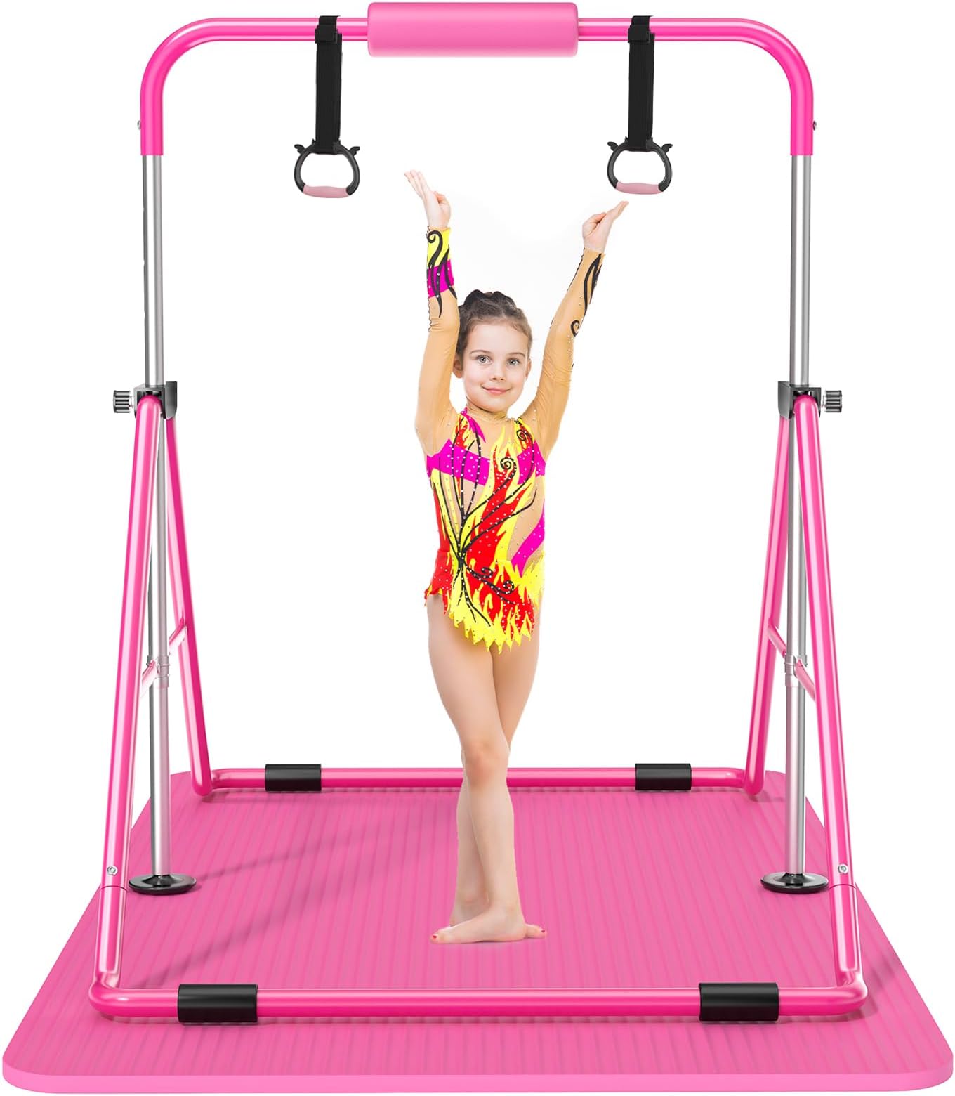 Safly Fun Expandable Gymnastics Bars Junior Training Bar Gymnastic Folding Horizontal Bars with Mat for Kids(Pink+Mat)