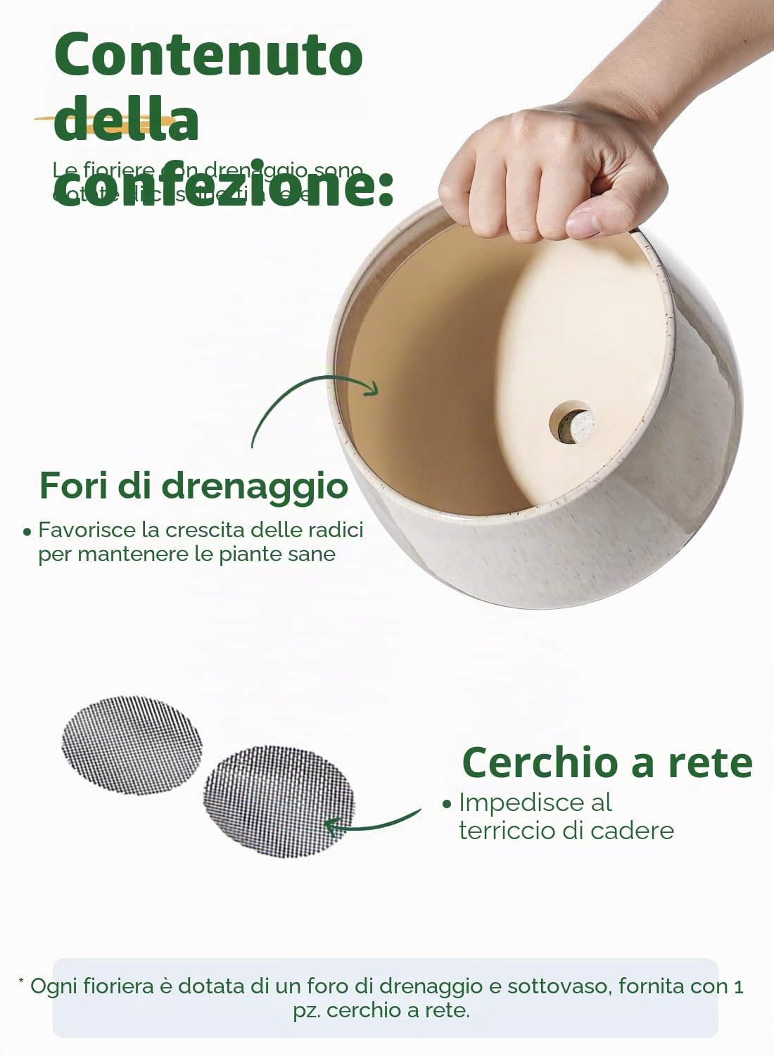 LE TAUCI Set Di 3 Vaso Per Piante In Ceramica, 10+13+16 cm Vaso per Piante da Interno Con Foro Di Drenaggio E Piattino, Vaso Da Fiori Per Interni Con Foro In Rete, Regalo Per Mamma, Beige