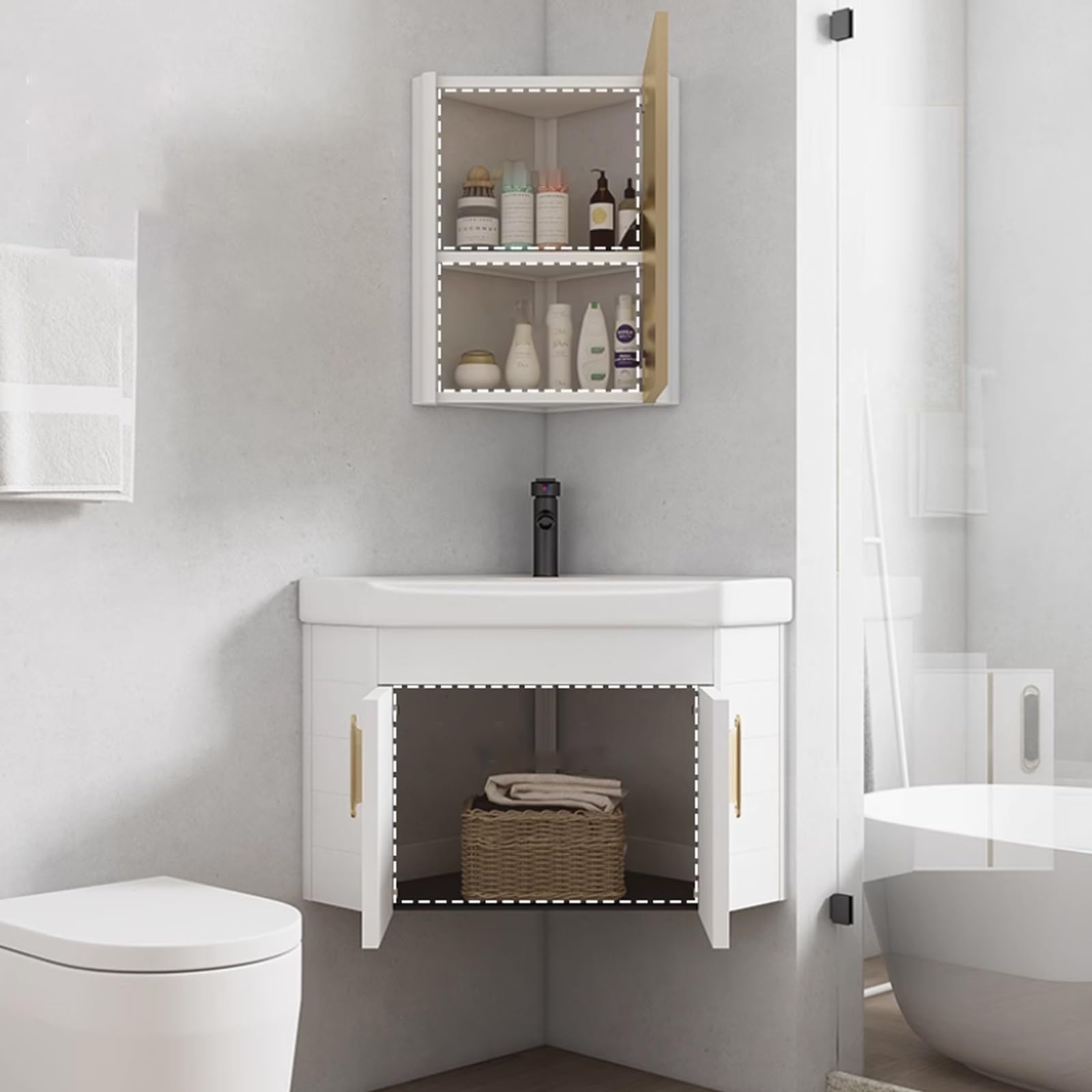 Eckwaschbecken-Set Waschbecken Waschtisch Badezimmer Mini Waschbecken Schrank Mit Spiegel Keramik Eckwaschbecken Waschtisch Gäste WC Waschbecken Wandmontage Mit Überlauf