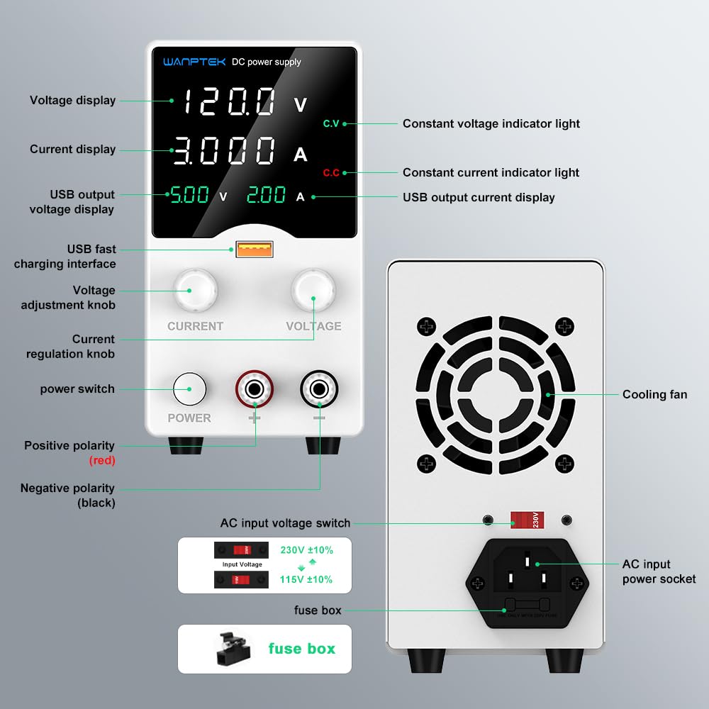 Alimentatore da Banco 120V 30A, Alimentatore da Laboratorio con Display LED a 4 Cifre, Alimentatore Regolabile con Manopola Encoder/Ricarica Rapida USB