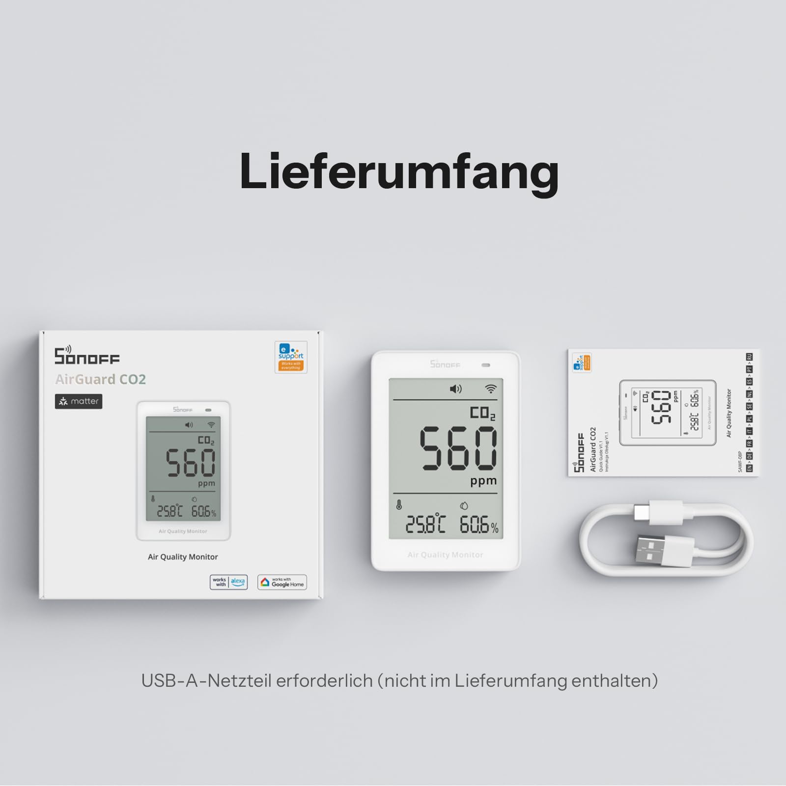 SONOFF AirGuard CO2 Intelligenter Monitor für Raumluftqualität Matter-kompatibel 2,4 GHz WiFi CO2/Temp/Feuchte-Detektor