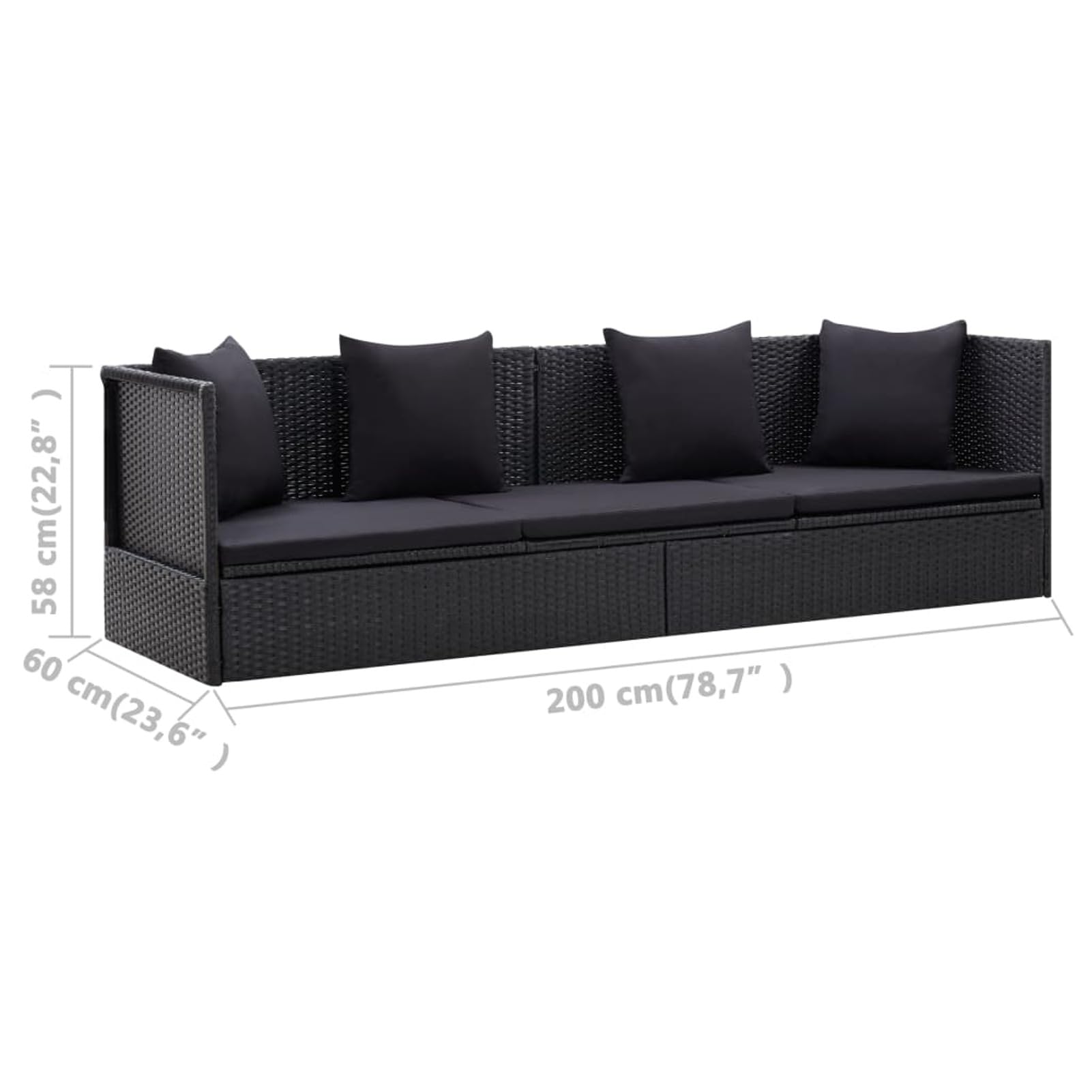 Homgoday Decor meble ogrodowe leżak ogrodowy z czarnymi poduszkami polirattanowymi, rozkładana sofa meble ogrodowe leżaki na plażę basen ogród meble