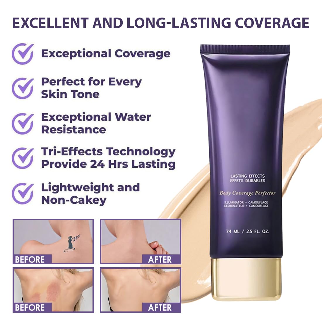 GXGM 74 ml de corrector corporal, 2 unidades, base de maquillaje corporal y para piernas resistente al agua, Incluye 1 guante para aplicar, cubre varices y cicatrices, A