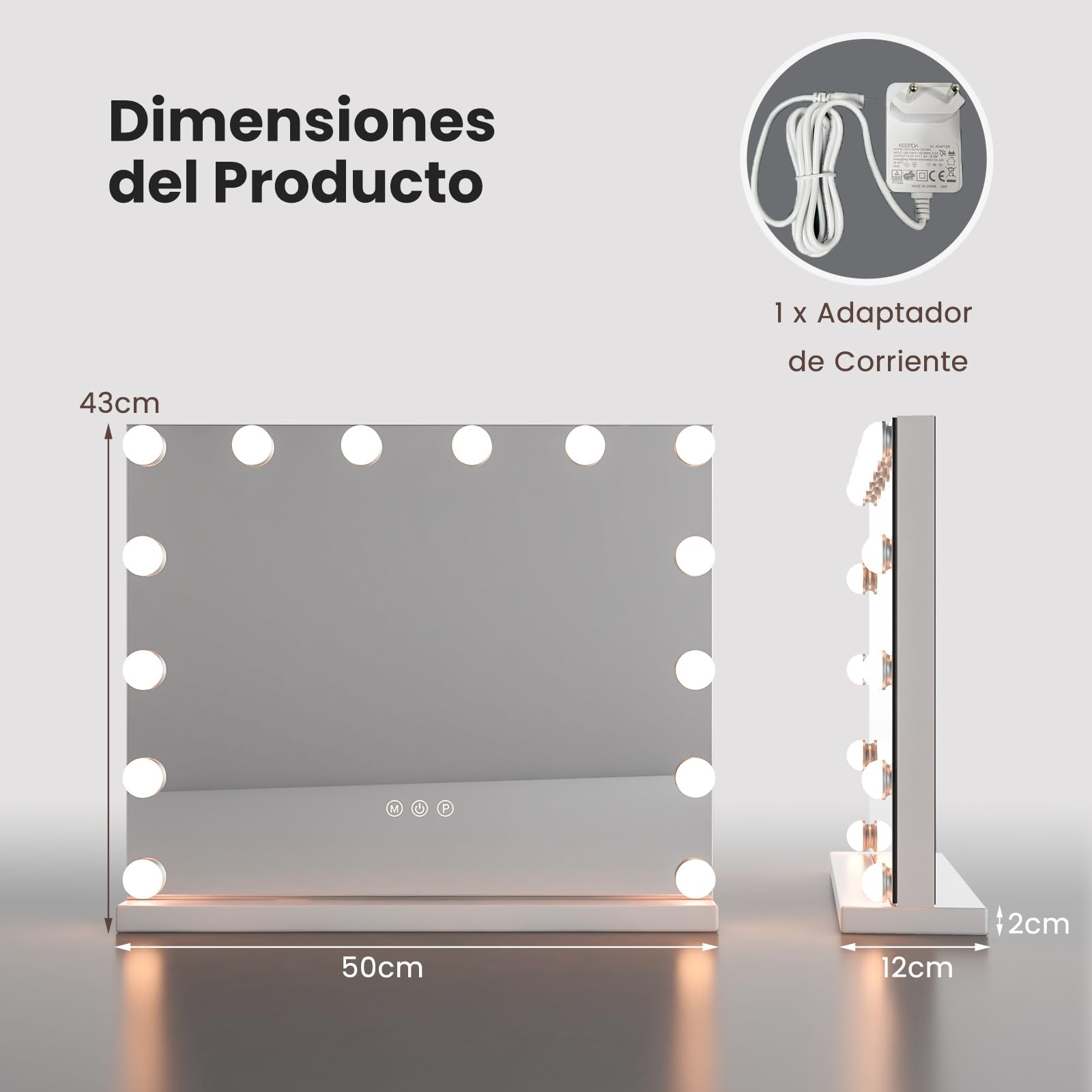 COSTWAY Espejo de Maquillaje Hollywood con 14 Bombillas LED, 3 Modos de Iluminación Ajustables, Luz Camerino, Control Táctil, 50 x 12 x 43 cm
