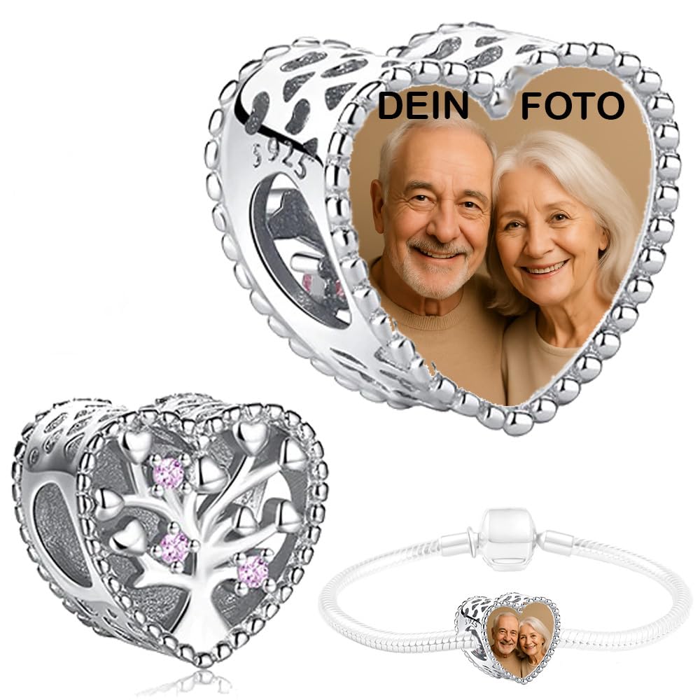 2Burned Baum des Lebens Silber 925 Personalisierter Schmuck Foto-Charm – Kompatibel mit Europäisches-Armbändern Liebe Herz Personalisiertes Geschenk – Fügen Sie Ihr Bild hinzu