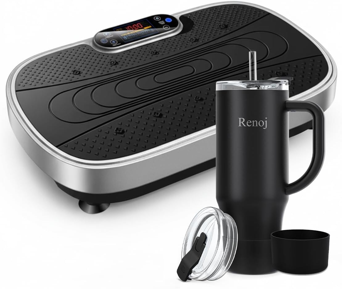 Vibration Plate Exercise Platform with Loop Bands + Renoj SnapShift 40oz Insulated Stainless Steel Tumbler (Black) – Full Body Workout & Recovery Set