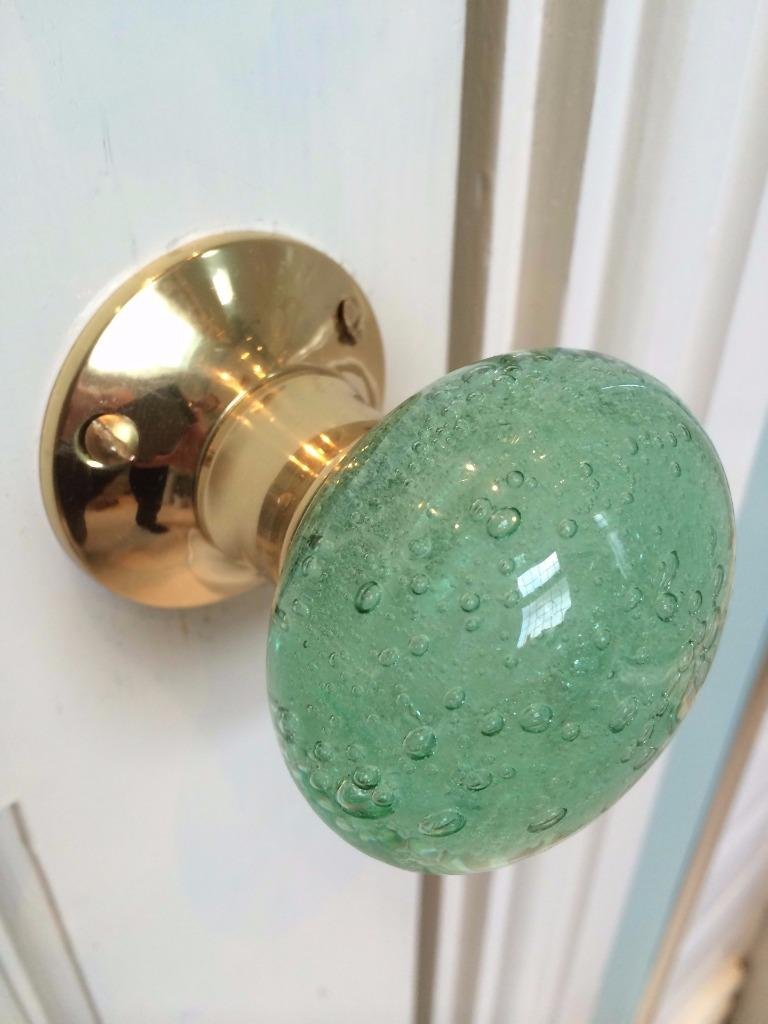 Chattels Green Beautiful Pair Of Large Contemporary/Retro Round Mint Smooth Bubble Glass Brass Mortice Door Knobs/Handles Pl