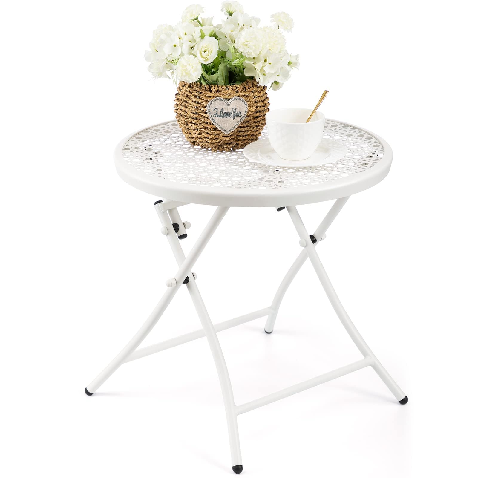 TeoKJ Petite table d'appoint pliante d'extérieur anti-rouille ronde en métal avec découpes de fleurs pour porche, cour, balcon, terrasse, pelouse, blanc