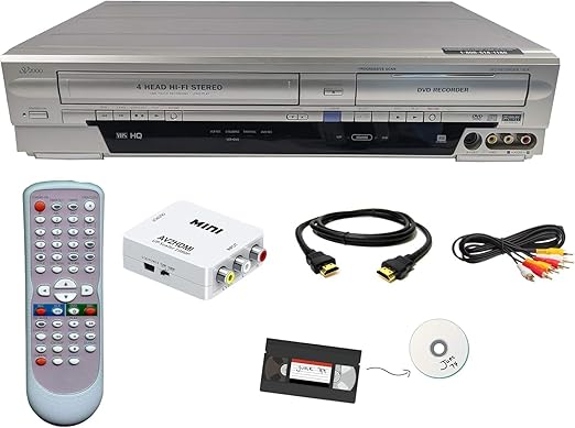 Funai VHS to DVD Recorder VCR Combo w/Remote, HDMI Upconverter Box Bundle (Renewed)