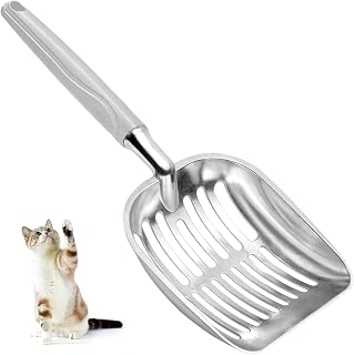 Heavy Duty Aluminum Alloy Cat Litter Scoop with Deep Mesh & Plastic Handle - Rust-Proof Metal Sifting Shovel for Easy Cleaning (Gray)